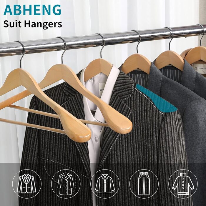 ABHENG Wooden Clothes Hangers, 10-Piece Suit Hangers, 360° Swivel Hook, for Jackets, Shirts, Suits, Coats, 44 x 5.5 x 23 cm (L x W x H), Natural Color AWY0410N