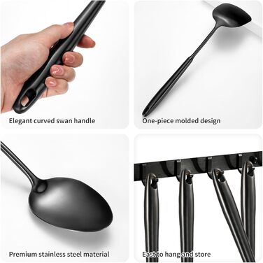 Набір кухонних аксесуарів з нержавіючої сталі 304, 12 предметів. Комплект кухонного начиння з лопатками, шумівками, ложками, друшляками, шпателями, виделкою для пасти та щипцями. Можна мити в посудомийній машині. Чорний колір.