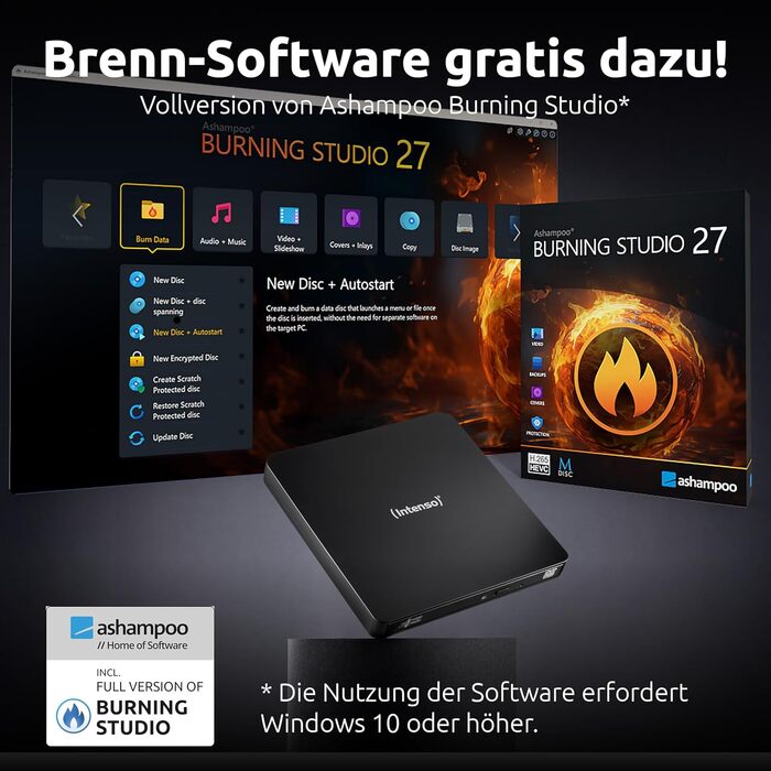 Зовнішній CD/DVD привід-записувач Intenso EOD 400D Slim, USB 3.2 (USB-C та USB-A), для ноутбуків та ПК, Windows та MacOS, чорний