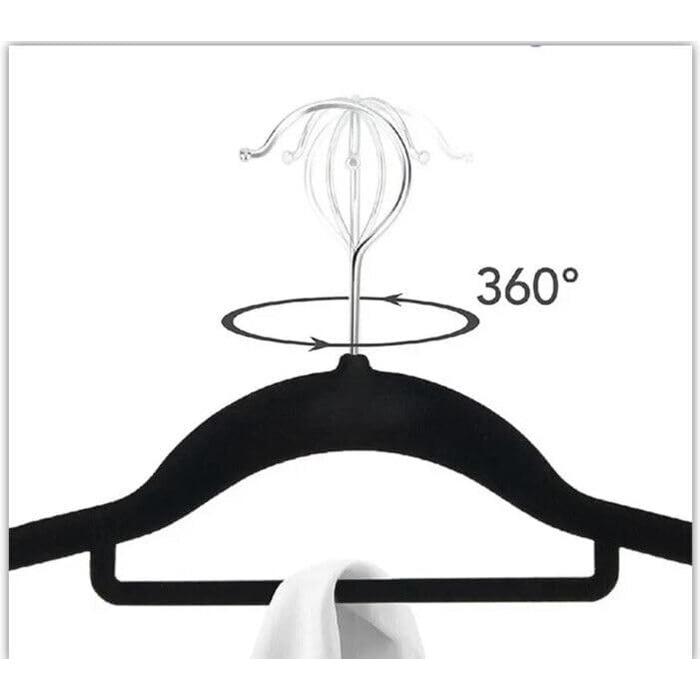 50 шт. Чорні велюрові вішалки для одягу з нековзким покриттям, для костюмів та краваток, з поворотним механізмом 360°, сріблясті