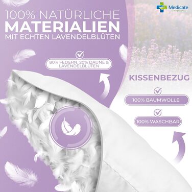 Medicate Lavender Pillow 40x80 with Down – Washable Pillow 40x80 up to 40 Degrees - Pillow for Every Sleeping Position – Down Pillow Made in Germany 40 x 80 cm
