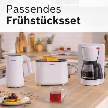 Електричний чайник Bosch MyMoment TWK2M161, 1.7 л, 2400 Вт, білий матовий, з автоматичним відключенням, захистом від перегріву, показом кількості чашок та фільтром від накипу