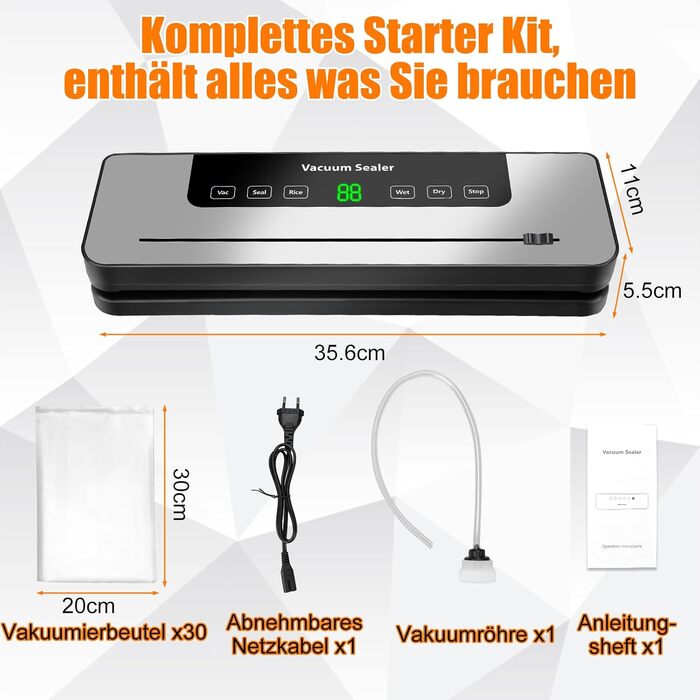 Вакуумний пакувальник KSWIOWN з 30 пакетами, 6 режимів, автоматичне закриття, ріжучий пристрій, шланг (65 KPA)