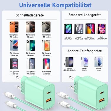 Зарядний пристрій 2 в 1 USB-C 20W з кабелем 2м для iPhone/Samsung/iPad (2 шт., блакитний/зелений)