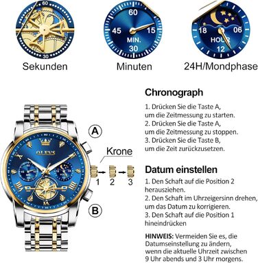 Чоловічий годинник-хронограф OLEVS: водонепроникний кварцовий годинник зі сталевим ремінцем (золото-срібло) та синім циферблатом, бізнес-стиль