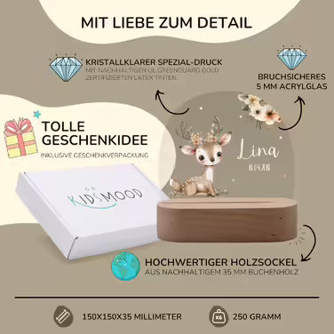 Night light for children with desired name, personalized night lamp dimmable - With a cute animal motif as personalized gifts for children for baptism, birth, Easter & baby gifts (Fawn)