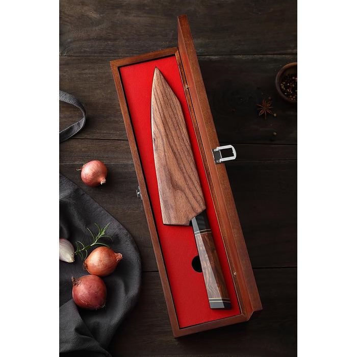 Японський ніж для кухні XINZUO Damaststahl 21.5 см, Kiritsuke, професійний, ручної роботи, з нержавіючої сталі Дамаск, дерев'яний потиск, магнітний чохол, подарункова коробка з акації