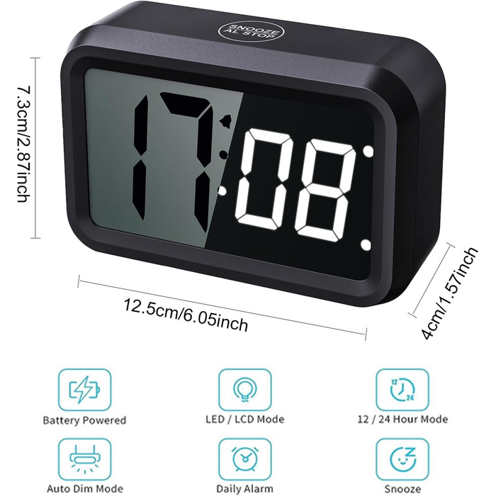 KWANWA Alarm Clock Digital, No Ticking, Battery-Powered Digital Alarm Clock, LCD or LED Display, Snooze Duration, Adjustable Brightness for Deep Sleepers, Children, Adults (Black - White LED)