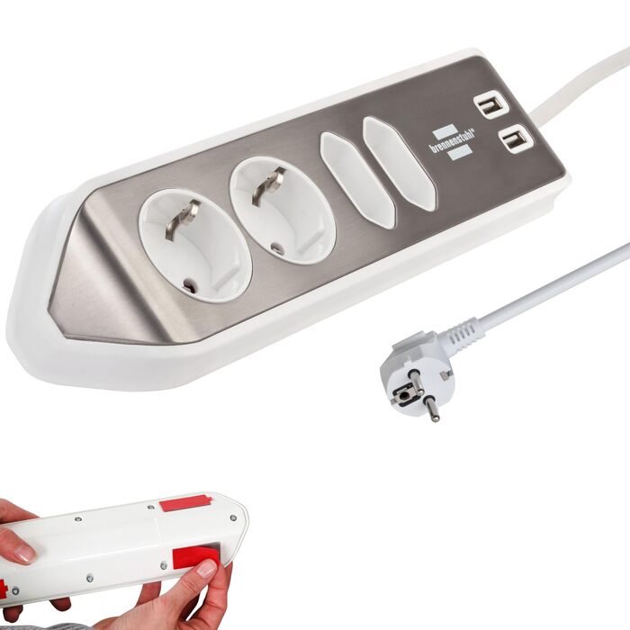 Бренненштуль Estilo Розподільник розеток у кут 4-разовий (настільна розетка з нержавіючою поверхнею для кухні та офісу, з 2 розетками із заземленням, 2 розетками Euro, з USB-функцією заряджання) Сріблястий/білий USB A сріблястий/білий