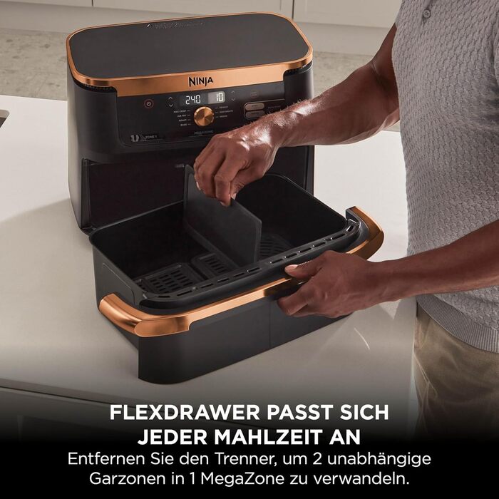 Ninja Foodi FlexDrawer Dual Zone Фритюрниця з гарячим повітрям 10.4л, чорно-мідна AF500EUCP - мультипекарка 7-в-1 з антипригарним покриттям