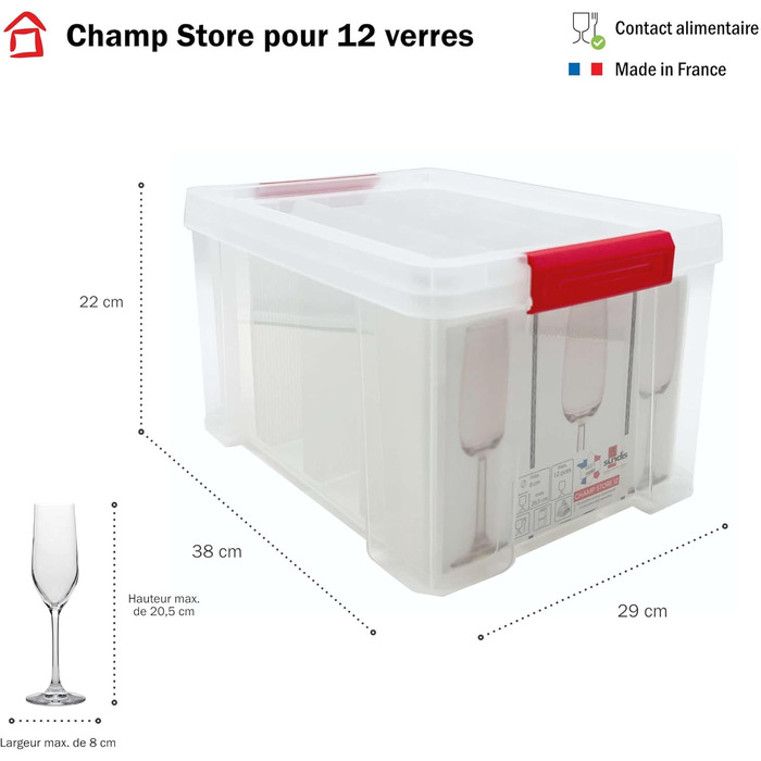 SUNDIS Glass Store, 27L Storage Box with Snap-On Lid, with 24 Compartments for Storing Stemware, Transparent Plastic, Reinforced, Stackable (Champagne Glasses)