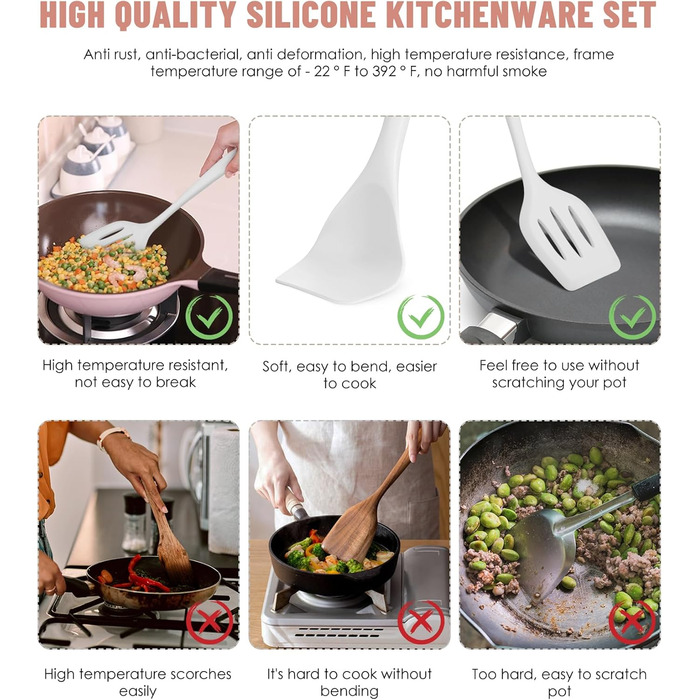 Набір кухонного силікону 12 шт., BPA-free, для антипригарного посуду, до 200°C, з підставкою, зелений (білий)