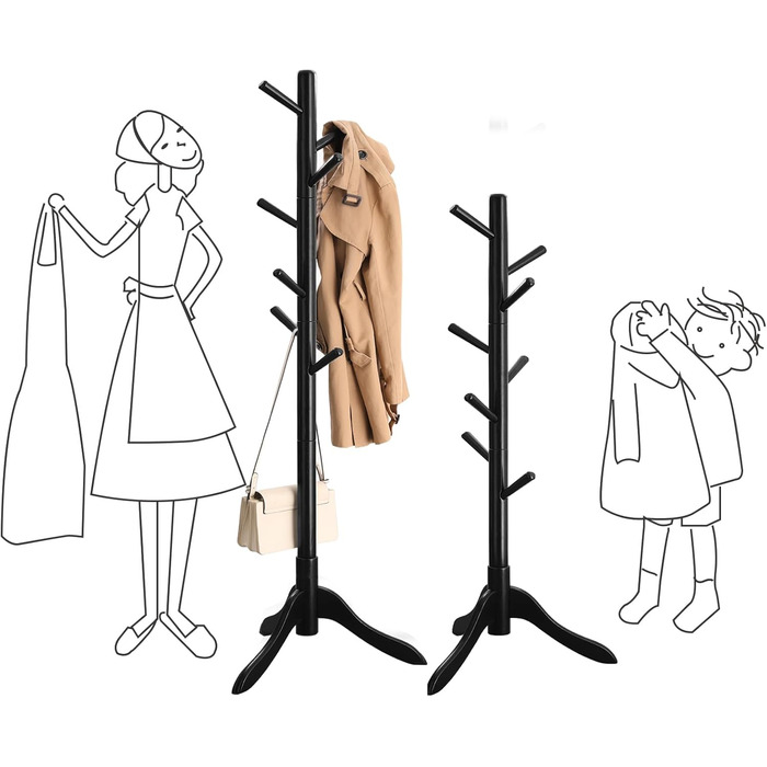 VASAGLE Coat Rack, Solid Wood Clothes Rack, Coat Stand with 8 Hooks, Tree Shape, 3 Adjustable Heights, for Coats, Jackets, Bags, for Entryway, Bedroom, RCR01GY (Black)