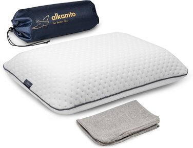 Alkamto Travel Pillow – Camping Pillow – Ergonomic Memory Foam Pillow with Temperature-Regulating Cover – Extra Cotton Cover