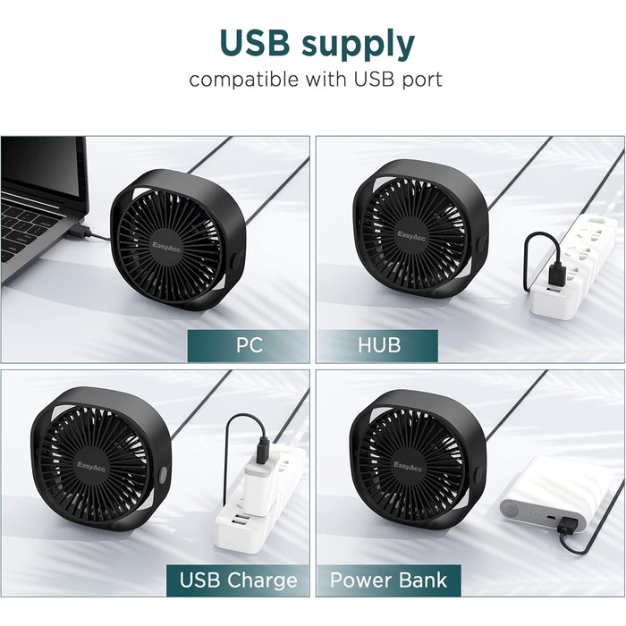 USB вентилятор EasyAcc: компактний, тихий, з 3 швидкостями та 360° обертанням для офісу та дому (чорний, прямокутний)
