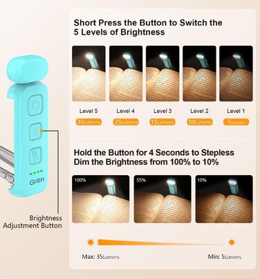 Ліхтарик для читання Gritin з кліпсою, акумуляторний, 7 LED, 3 режими світла, диммер, 5 рівнів яскравості, синій