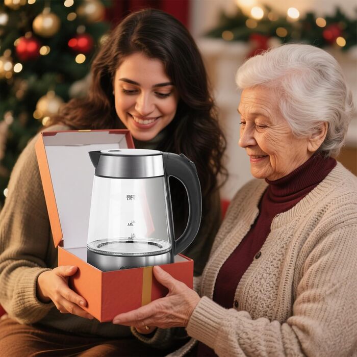 Електричний чайник Aigostar 1.7л, 2200W, LED, без BPA, скло Borosilikat, фільтр від накипу, чорний (Chubby)