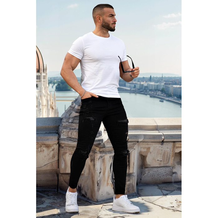 Чоловічі рвані джинси GINGTTO Skinny Stretch Slim Fit (Чорні, 34W/30L)