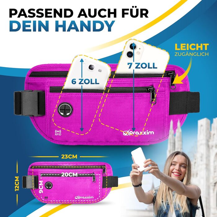 Сумка на пояс для подорожей: захист від крадіжок, RFID-захист, плоска, під одяг, для жінок та чоловіків (рожевий)