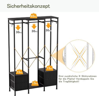 Відкрита шафа для одягу, вішалка для одягу, гардеробна стійка з 4 шухлядами, стабільна вішалка для спальні, вітальні, передпокою (Чорний)