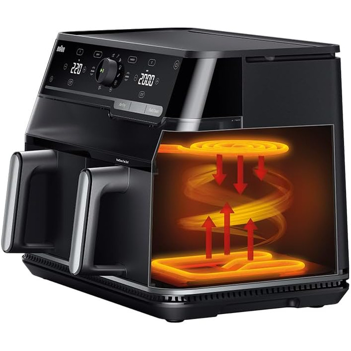 Фритюрниця електрична Braun TwinCook 3 TD3030IBK, 8л (2 камери, 4л+4л), чорна. Airfryer з синхронізацією, 8 програм, без PFAS, з оглядовим вікном, 2850 Вт