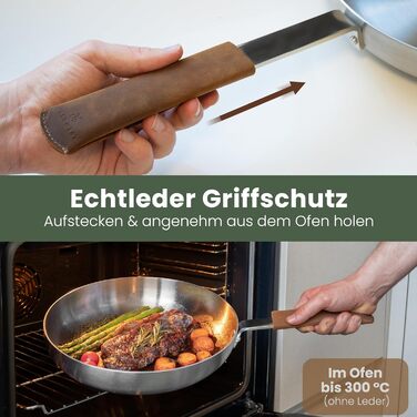 Сковорода нержавіюча WALDWERK 28 см індукційна, жароміцна - без покриття, з шкіряною ручкою