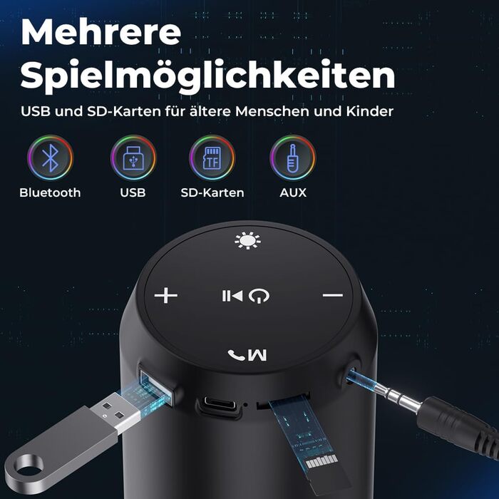 Портативна Bluetooth колонка ELEHOT з LED підсвіткою, 10W, підтримка Micro-SD та USB, з функцією гучного зв'язку для телефону та ПК