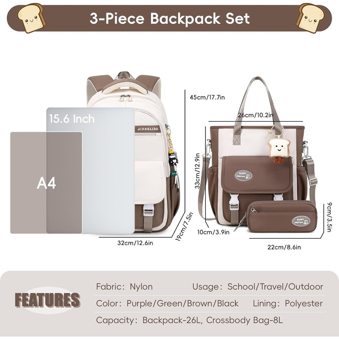 Шкільний рюкзак Tanou для дівчаток-підлітків, набір шкільних сумок з сумкою через плече та пеналом, дитячий рюкзак для школи, повсякденний, зелений (коричневий)