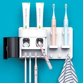 Automatic Toothpaste Dispenser, DENSAIL Toothbrush Holder for Wall Mounting with Dust-Proof Cover and 2 Toothpaste Dispensers, 2 Electric Toothbrush Holders, and 4 Toothbrush Organizer Slots