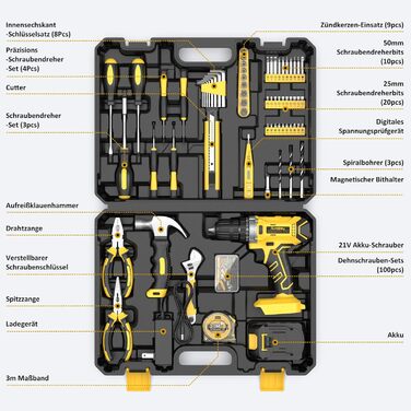 Набір інструментів Sundpey 170 предметів з акумуляторним дрилем-шуруповертом 21V, універсальний для дому, будівельні та ремонтні роботи