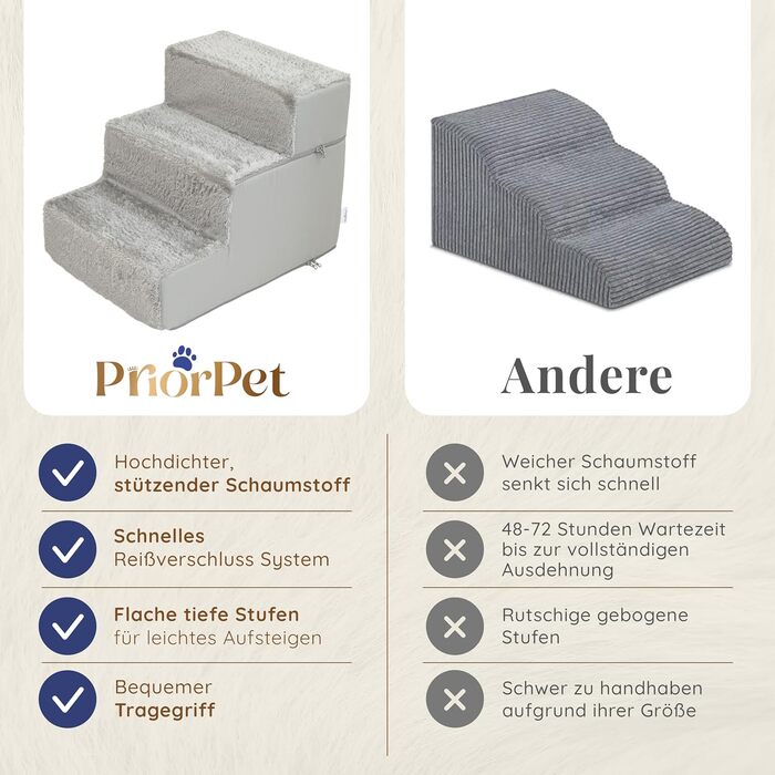 Сходинки для собак на ліжко та диван - 4 сходинки, 58 см заввишки - з пінопласту для маленьких собак - безпечні та стійкі - знімний, пральний чохол - світло-сірий