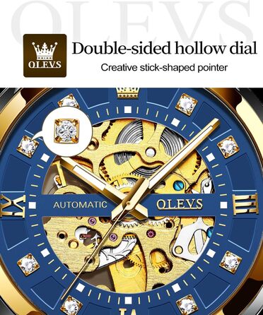 Чоловічий годинник OLEVS Gold Skeleton: автоматичний механічний, зі сталевим браслетом, водонепроникний, люксовий дизайн, синій циферблат