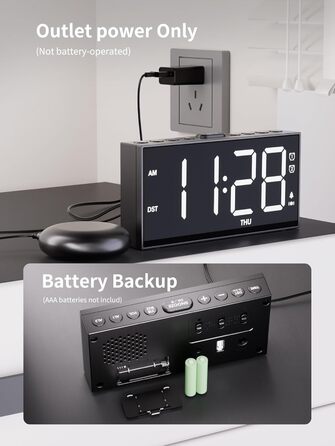 ROCAM Vibration Alarm Clock, Loud Alarm Clock for Deep Sleepers, 7'' Large Display, Bold Font, Digital, Adjustable Brightness, Dual Alarm, Snooze, USB Charger, for Use in the Bedroom (white)