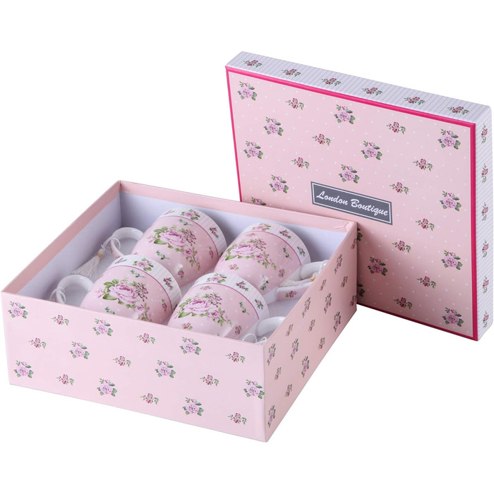 Набір кавових чашок London Boutique 330 мл, порцеляна, рожеві, 4 шт, вінтаж, Shabby-Chic, подарунок для жінки