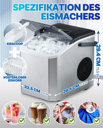 Машина для приготування льоду портативна, 15 кг/24 год, самоочисна, з лопаткою та кошиком, для дому та офісу, матеріал: акрилонітрил-бутадієн-стирол