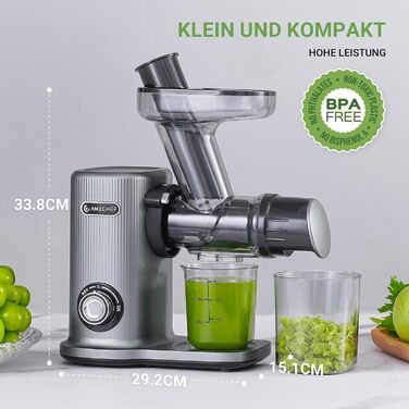 Соковитискач AMZCHEF компактний для овочів і фруктів, 150Вт, тихий шнековий, два режими подачі, захист від перегріву, реверс, сірий