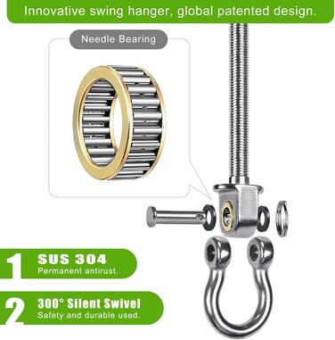 BeneLabel 4-Piece Swivel Hook Bearing, Hammock Attachment for Wooden Beams, M10 Heavy-Duty Hanging Chair Suspension, Concrete Ceiling, 245mm Stainless Steel Swivel, Punching Bag Ceiling Bracket, Screw-in Eye Bolts, Up to 680kg