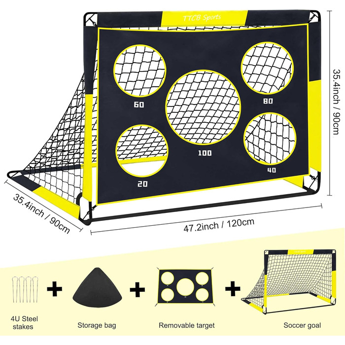 TTCB Sports 2-in-1 Kids Soccer Goal - Outdoor Football Goal with 5 Target Zones, Pop Up Soccer Goal Net & Carry Bag, Ideal for Football Training Equipment or Gifts for Boys (Yellow, 90x90x120cm)