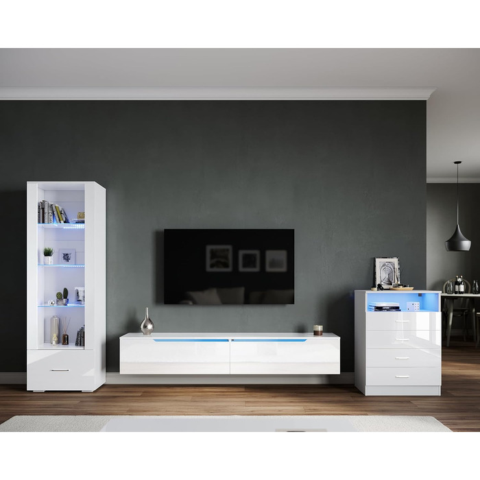 Підвісна тумба для телевізора SONNI, біла, з LED-підсвіткою, 180x35x30 см, глянцева, 12 кольорів, 2 шафки, для вітальні та спальні