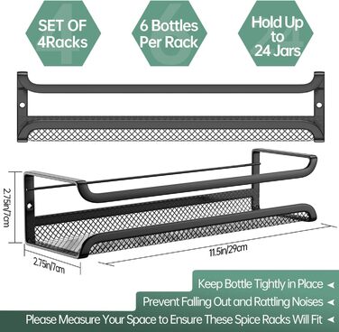 Настінна полиця для спецій, 4 шт. Організатор для спецій з рухомими гачками, полиця для спецій на кріпленнях (клей/шурупи), металева, для кухні та шафи