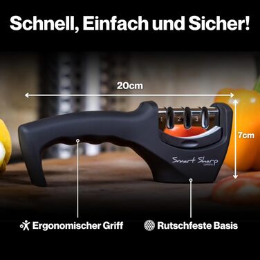 Точилка для ножів Lantana Smart Sharp - професійний набір для заточування кухонних ножів. 3 ступені (кераміка, вольфрам карбід, діамант), ергономічний дизайн, чорний та хром.