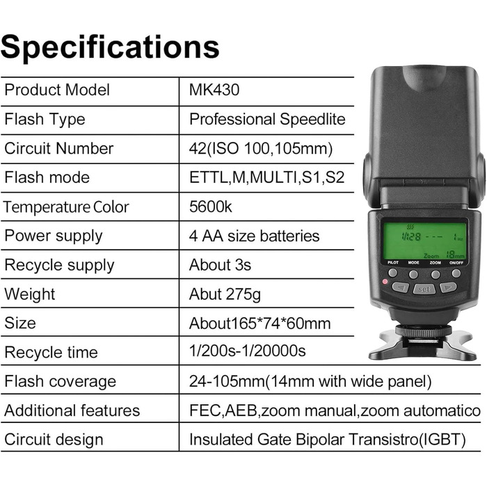 Meike MK430 E-TTL спалах для Canon EOS DSLR: 70D, 77D, 80D, T7i, T6i, T6s, T6, T5i, T5, T4i, T3i, SL2 та інші