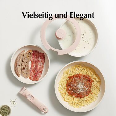 Набір посуду Redchef 16 предметів з антипригарним покриттям Ceramic, знімні ручки. Включає: сковороду 20/26 см, глибоку сковороду 26 см, каструлі 18/20 см. Підходить для всіх типів плит, духовка, можна складати. Колір: бежевий/рожевий