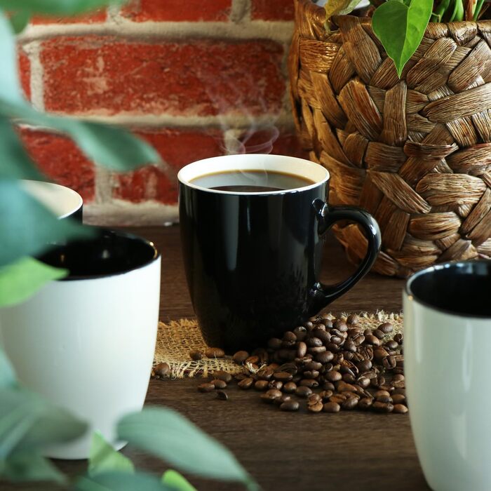 Набір керамічних чашок Com-Four® 6 шт. - 350 мл, для кави та гарячих/холодних напоїв, сучасний дизайн, блакитно-зелено-сірий колір, 6 шт. (чорний/білий)