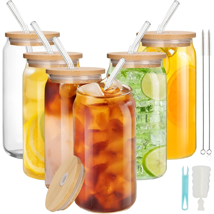 ZgoEC 16oz Cocktail Glasses Set, Drinking Glasses with Lid and Straw, 6pcs Can-Shaped Highball Glasses Set, Glasses with Lid and Straw, Coffee Cups Glass Cups with Straw, Gift