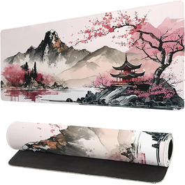 Килимок для миші для геймінгу, чорний, Kanagawa, великий, 80 x 30 см, з гумовою основою, водонепроникний, з прошитими краями, для геймінгу, офісу, дому (Чорна хвиля) (Рожевий)