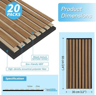 Акустичні 3D-панелі Art3d для шумоізоляції офісу, студії та вітальні, шпонований горіх з фетровою підкладкою, 60x30 см (набір 20 шт, Темний горіх)