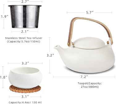 ZENS Modern Japanese Teapot, 800ml Matte White Ceramic Teapot with Infuser, Wooden Handle Small Japanese Teapot for Loose Leaf Tea, White Tea, Green Tea Steeper, Gift for Tea Lovers (09-weiß Teeservice-4 Tassen)