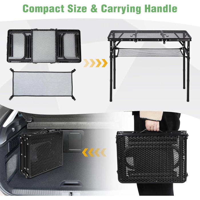 Складний стіл для пікніка REDCAMP 60x40 см, чорний - портативний стіл для кемпінгу, BBQ, приготування їжі на природі з регульованими ніжками