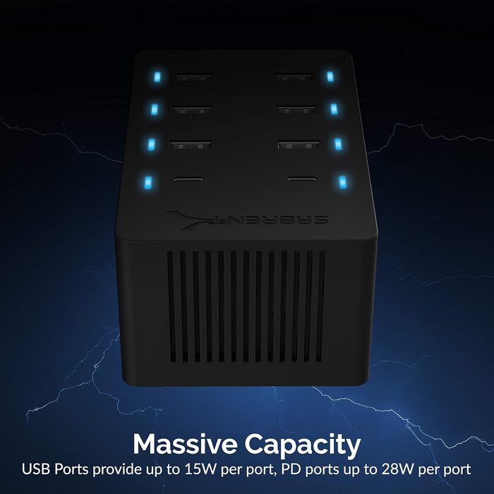 Зарядний пристрій Sabrent USB 60W 10 портів, станція швидкої зарядки з мережею для MacBook, USB-C ноутбуків, iPhone, Samsung Galaxy (AX-TPCS)